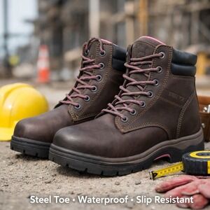 Brahma Steel Toe Safety Work Boots Womens Size 7 Brown Pink Waterproof Anti Slip